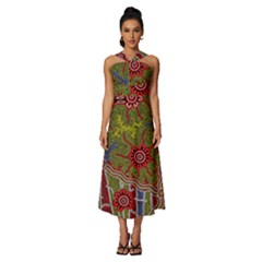 Authentic Aboriginal Art - Connections Sleeveless Cross Front Cocktail Midi Chiffon Dress by hogartharts