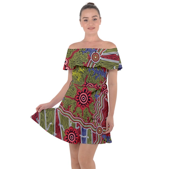 Authentic Aboriginal Art - Connections Off Shoulder Velour Dress