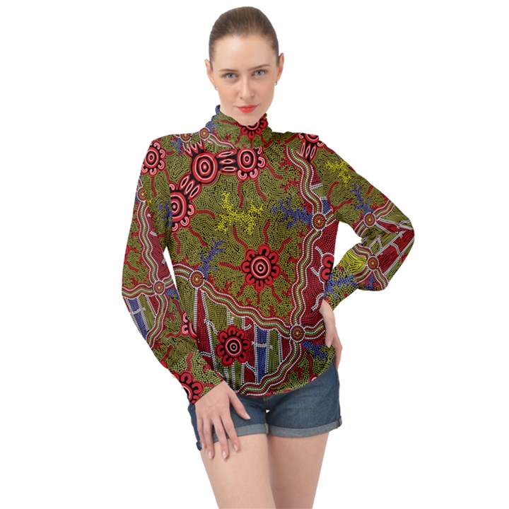 Authentic Aboriginal Art - Connections High Neck Long Sleeve Chiffon Top