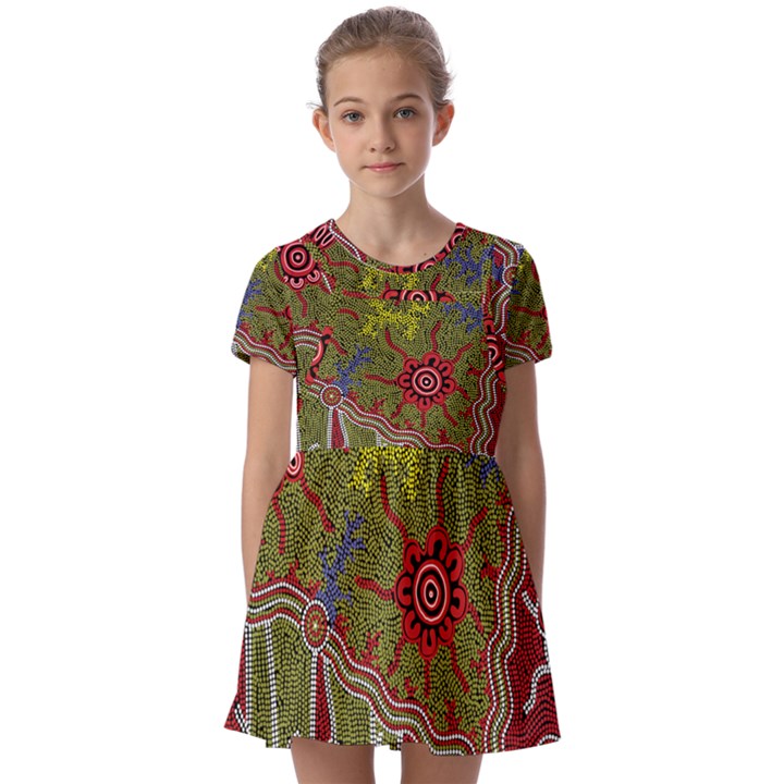 Authentic Aboriginal Art - Connections Kids  Short Sleeve Pinafore Style Dress