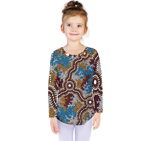 Authentic Aboriginal Art - Wetland Dreaming Kids  Long Sleeve T-shirt by hogartharts