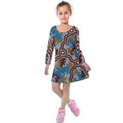 Authentic Aboriginal Art - Wetland Dreaming Kids  Long Sleeve Velvet Dress by hogartharts