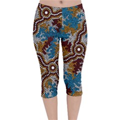 Authentic Aboriginal Art - Wetland Dreaming Velvet Capri Leggings  by hogartharts