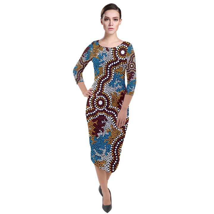 Authentic Aboriginal Art - Wetland Dreaming Quarter Sleeve Midi Velour Bodycon Dress