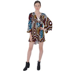 Authentic Aboriginal Art - Wetland Dreaming V-neck Flare Sleeve Mini Dress by hogartharts