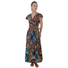 Authentic Aboriginal Art - Wetland Dreaming Flutter Sleeve Maxi Dress by hogartharts