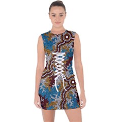 Authentic Aboriginal Art - Wetland Dreaming Lace Up Front Bodycon Dress by hogartharts