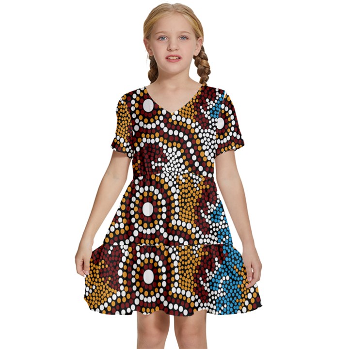 Authentic Aboriginal Art - Wetland Dreaming Kids  Short Sleeve Tiered Mini Dress