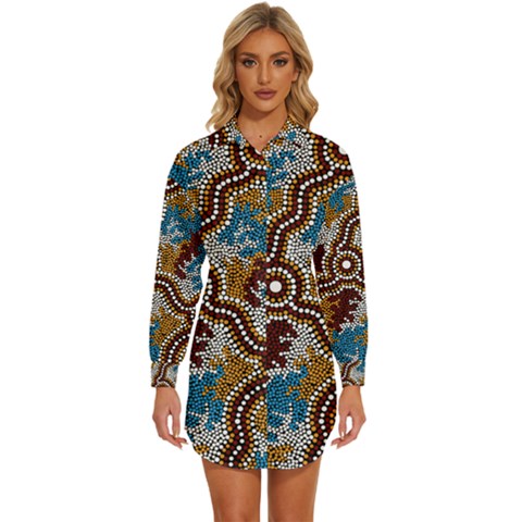 Authentic Aboriginal Art - Wetland Dreaming Womens Long Sleeve Shirt Dress by hogartharts