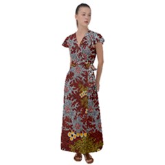 Authentic Aboriginal Art - Bushland Dreaming Flutter Sleeve Maxi Dress by hogartharts