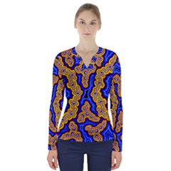 Authentic Aboriginal Art - Emu Dreaming V-neck Long Sleeve Top by hogartharts