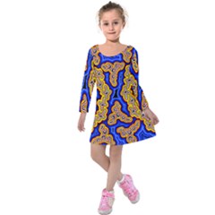 Authentic Aboriginal Art - Emu Dreaming Kids  Long Sleeve Velvet Dress by hogartharts