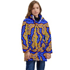 Authentic Aboriginal Art - Emu Dreaming Kids  Hooded Longline Puffer Jacket by hogartharts