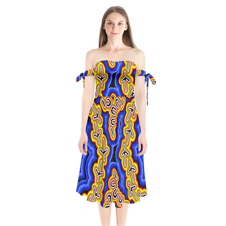 Authentic Aboriginal Art - Emu Dreaming Shoulder Tie Bardot Midi Dress