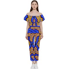 Authentic Aboriginal Art - Emu Dreaming Bardot Ruffle Jumpsuit by hogartharts