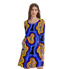 Authentic Aboriginal Art - Emu Dreaming Long Sleeve Knee Length Skater Dress With Pockets by hogartharts