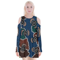 Authentic Aboriginal Art - Riverside Dreaming Velvet Long Sleeve Shoulder Cutout Dress by hogartharts