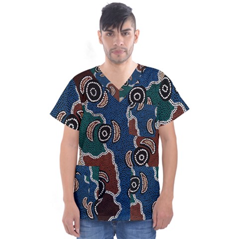 Authentic Aboriginal Art - Riverside Dreaming Men s V-neck Scrub Top by hogartharts