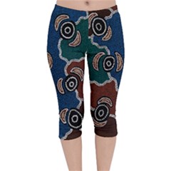 Authentic Aboriginal Art - Riverside Dreaming Velvet Capri Leggings  by hogartharts