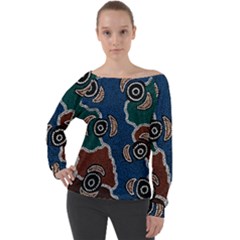 Authentic Aboriginal Art - Riverside Dreaming Off Shoulder Long Sleeve Velour Top by hogartharts