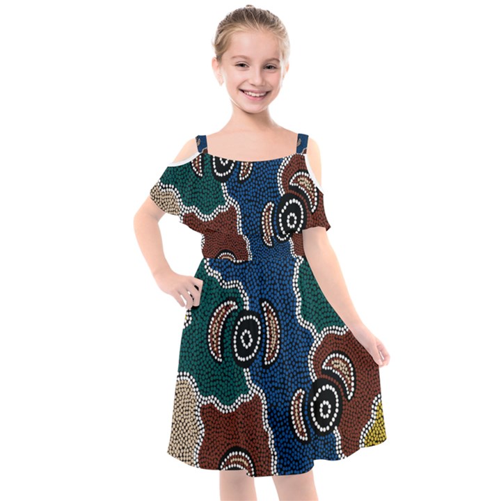 Authentic Aboriginal Art - Riverside Dreaming Kids  Cut Out Shoulders Chiffon Dress