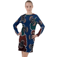 Authentic Aboriginal Art - Riverside Dreaming Long Sleeve Hoodie Dress by hogartharts