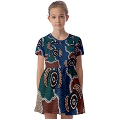 Authentic Aboriginal Art - Riverside Dreaming Kids  Short Sleeve Pinafore Style Dress by hogartharts