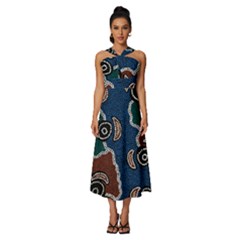 Authentic Aboriginal Art - Riverside Dreaming Sleeveless Cross Front Cocktail Midi Chiffon Dress by hogartharts