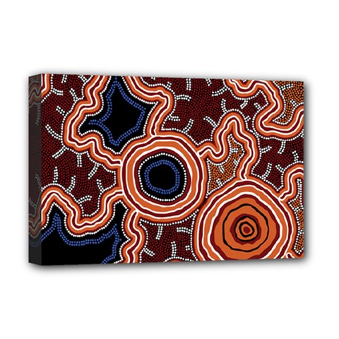 Authentic Aboriginal Art - Pathways Deluxe Canvas 18  X 12  (stretched) by hogartharts