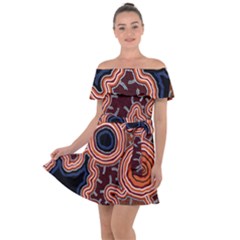 Authentic Aboriginal Art - Pathways Off Shoulder Velour Dress by hogartharts