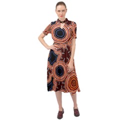 Authentic Aboriginal Art - Pathways Keyhole Neckline Chiffon Dress by hogartharts