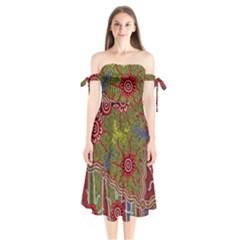 Authentic Aboriginal Art - Connections Shoulder Tie Bardot Midi Dress by hogartharts