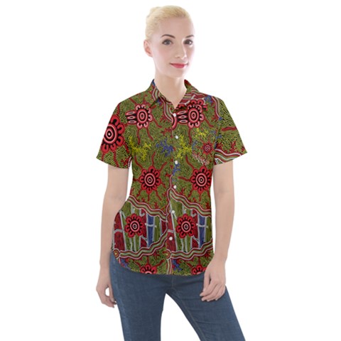 Authentic Aboriginal Art - Connections Women s Short Sleeve Pocket Shirt by hogartharts