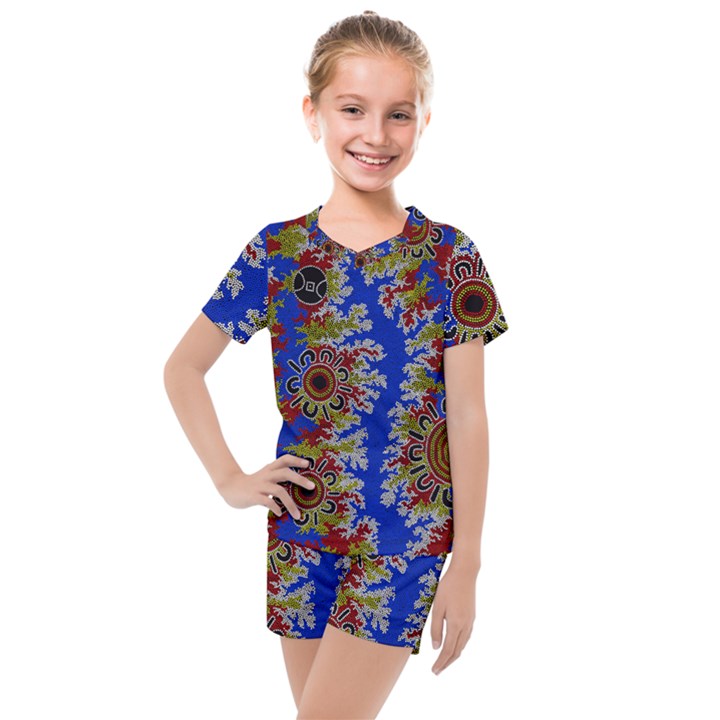 Authentic Aboriginal Art - Waterholes (Corella) Kids  Mesh T-Shirt and Shorts Set