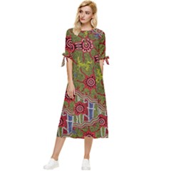 Authentic Aboriginal Art - Connections Bow Sleeve Chiffon Midi Dress by hogartharts