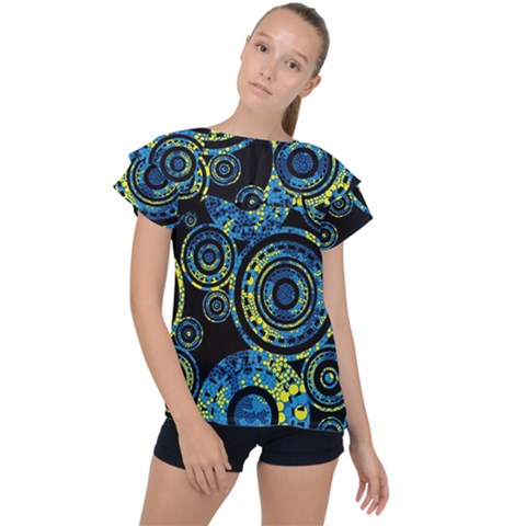 Authentic Aboriginal Art - Circles (paisley Art) Ruffle Collar Chiffon Blouse by hogartharts