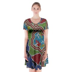 Authentic Aboriginal Art - Walking The Land Short Sleeve V-neck Flare Dress by hogartharts