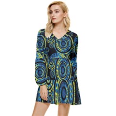 Authentic Aboriginal Art - Circles (paisley Art) Tiered Long Sleeve Mini Dress by hogartharts