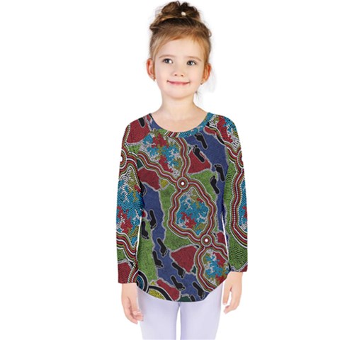 Authentic Aboriginal Art - Walking The Land Kids  Long Sleeve T-shirt by hogartharts