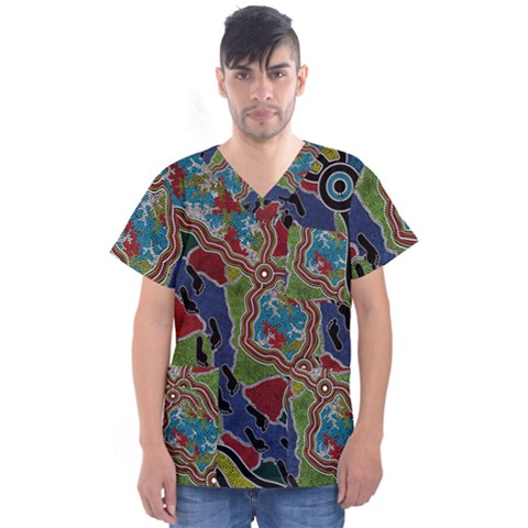 Authentic Aboriginal Art - Walking The Land Men s V-neck Scrub Top by hogartharts