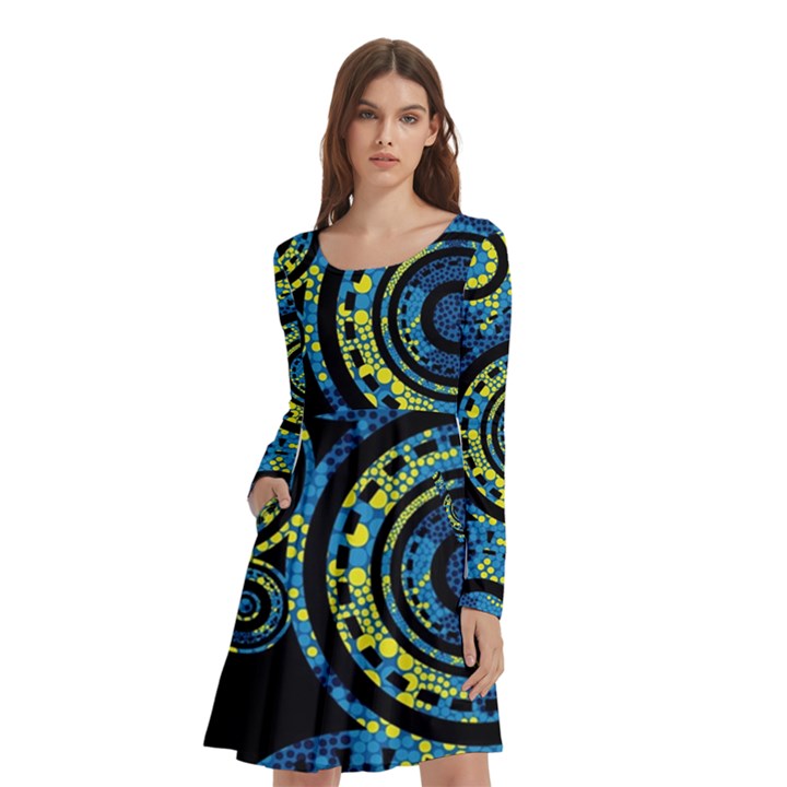 Authentic Aboriginal Art - Circles (Paisley Art) Long Sleeve Knee Length Skater Dress With Pockets