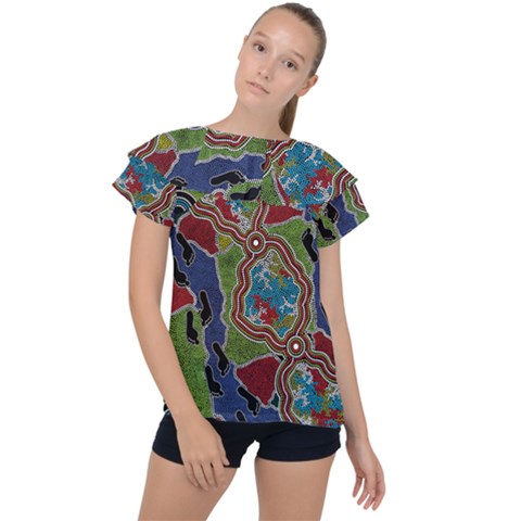 Authentic Aboriginal Art - Walking The Land Ruffle Collar Chiffon Blouse by hogartharts