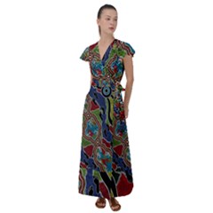 Authentic Aboriginal Art - Walking The Land Flutter Sleeve Maxi Dress by hogartharts