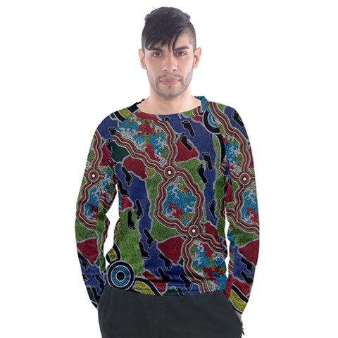 Authentic Aboriginal Art - Walking The Land Men s Long Sleeve Raglan T-shirt by hogartharts