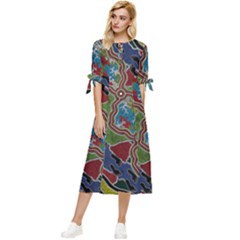 Authentic Aboriginal Art - Walking The Land Bow Sleeve Chiffon Midi Dress by hogartharts