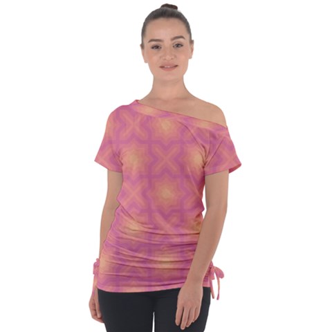 Fuzzy Peach Aurora Pink Stars Off Shoulder Tie-up T-shirt by PatternSalad