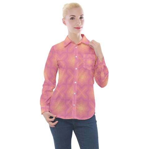 Fuzzy Peach Aurora Pink Stars Women s Long Sleeve Pocket Shirt by PatternSalad