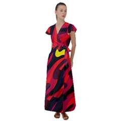 Abstract Fire Flames Grunge Art, Creative Flutter Sleeve Maxi Dress by nateshop