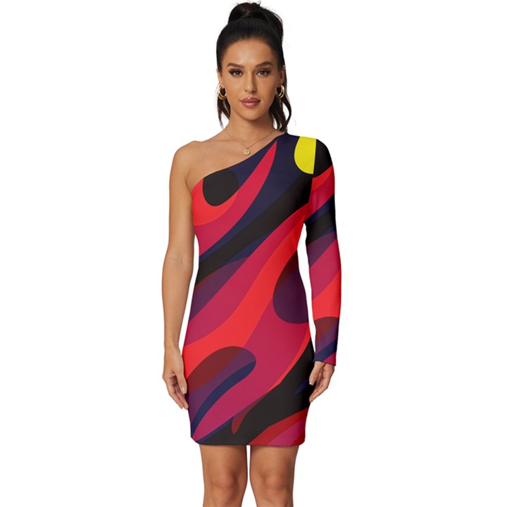 Abstract Fire Flames Grunge Art, Creative Long Sleeve One Shoulder Mini Dress