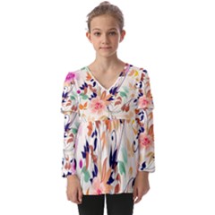 Abstract Floral Background Kids  V Neck Casual Top